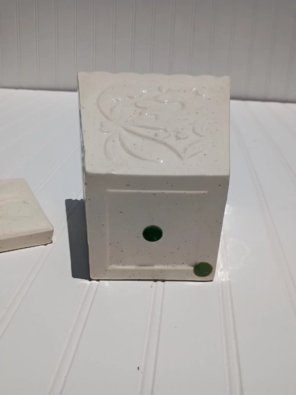 Vintage Ceramic Kitchen Canister with Lid Floral Embossed 4-Sided Beige Speckled